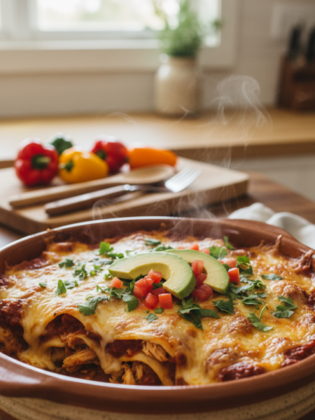 A beautifully arranged chicken enchilada casserole served in a rustic ceramic dish, showcasing layers of shredded chicken, corn tortillas, cheese, and vibrant red enchilada sauce topped with fresh cilantro. In the foreground, the casserole is garnished with slices of avocado and a sprinkle of diced tomatoes, invitingly melty and steaming. The middle shows a slightly blurred kitchen scene with wooden utensils and colorful peppers, hinting at the preparation ambiance. In the background, soft natural light floods the kitchen, casting a warm glow that enhances the comforting and inviting atmosphere. A shallow depth of field adds focus to the casserole, making it the star of the image, evoking an enticing and homey feel suitable for a delicious meal.