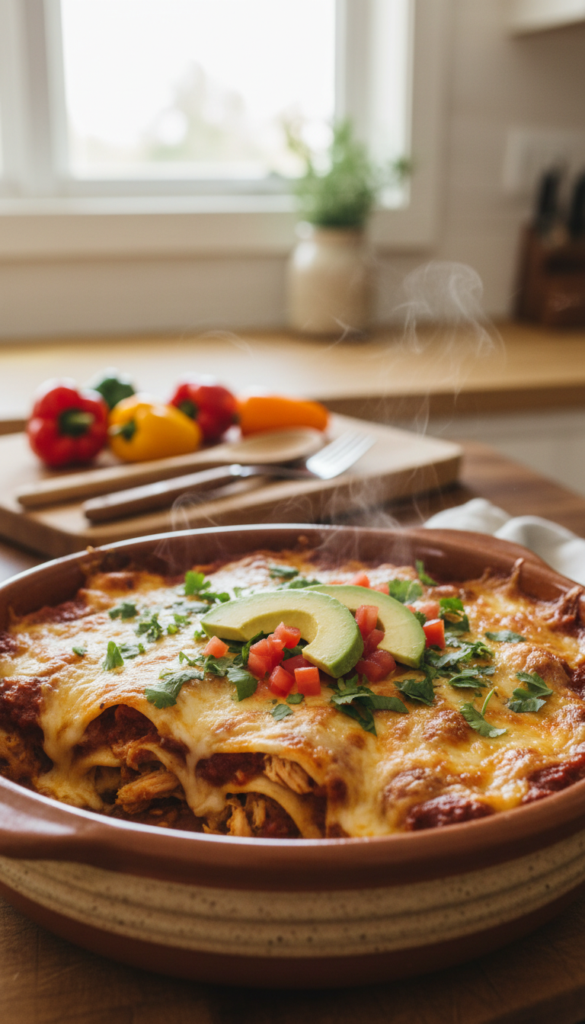 A beautifully arranged chicken enchilada casserole served in a rustic ceramic dish, showcasing layers of shredded chicken, corn tortillas, cheese, and vibrant red enchilada sauce topped with fresh cilantro. In the foreground, the casserole is garnished with slices of avocado and a sprinkle of diced tomatoes, invitingly melty and steaming. The middle shows a slightly blurred kitchen scene with wooden utensils and colorful peppers, hinting at the preparation ambiance. In the background, soft natural light floods the kitchen, casting a warm glow that enhances the comforting and inviting atmosphere. A shallow depth of field adds focus to the casserole, making it the star of the image, evoking an enticing and homey feel suitable for a delicious meal. A beautifully arranged chicken enchilada casserole served in a rustic ceramic dish, showcasing layers of shredded chicken, corn tortillas, cheese, and vibrant red enchilada sauce topped with fresh cilantro. In the foreground, the casserole is garnished with slices of avocado and a sprinkle of diced tomatoes, invitingly melty and steaming. The middle shows a slightly blurred kitchen scene with wooden utensils and colorful peppers, hinting at the preparation ambiance. In the background, soft natural light floods the kitchen, casting a warm glow that enhances the comforting and inviting atmosphere. A shallow depth of field adds focus to the casserole, making it the star of the image, evoking an enticing and homey feel suitable for a delicious meal.