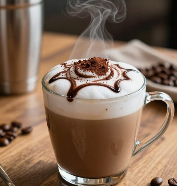 A beautifully arranged cup of mocha protein hot coffee sits elegantly on a rustic wooden table. The coffee is topped with a delicate layer of frothy milk, intricately swirled with rich chocolate syrup and dusted with a sprinkle of cocoa powder. In the foreground, a stylish stainless steel shaker filled with protein powder is partially visible, hinting at the drink's energizing boost. The background features soft-focused coffee beans and a cozy café ambiance with warm, inviting lighting casting a gentle glow. The image captures a serene morning atmosphere, evoking comfort and vitality, with a hint of steam rising from the cup to emphasize freshness. Shot with a soft-focus lens to enhance the inviting mood, creating an appealing scene for coffee lovers.