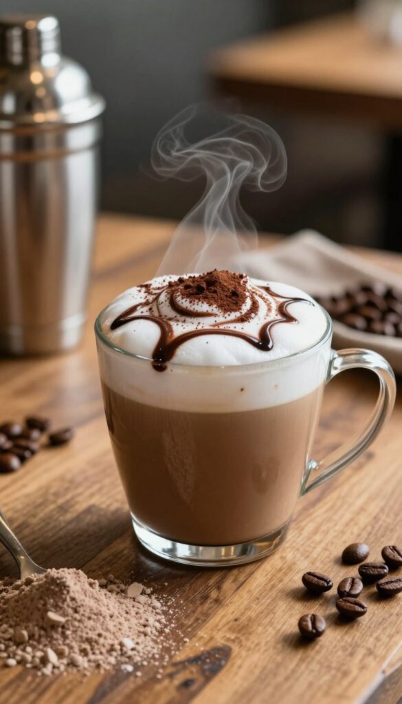 A beautifully arranged cup of mocha protein hot coffee sits elegantly on a rustic wooden table. The coffee is topped with a delicate layer of frothy milk, intricately swirled with rich chocolate syrup and dusted with a sprinkle of cocoa powder. In the foreground, a stylish stainless steel shaker filled with protein powder is partially visible, hinting at the drink's energizing boost. The background features soft-focused coffee beans and a cozy café ambiance with warm, inviting lighting casting a gentle glow. The image captures a serene morning atmosphere, evoking comfort and vitality, with a hint of steam rising from the cup to emphasize freshness. Shot with a soft-focus lens to enhance the inviting mood, creating an appealing scene for coffee lovers.