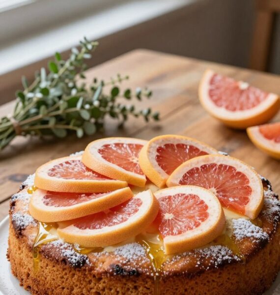 A beautifully arranged grapefruit olive oil cake sits prominently in the foreground, topped with fresh grapefruit slices and a light dusting of powdered sugar. The cake is golden brown with a moist texture, showcasing a slightly glossy surface from the olive oil. In the middle of the frame, a rustic wooden table adds warmth, adorned with a small bouquet of fresh herbs for a touch of greenery. The background features soft, diffused natural light filtering through a nearby window, creating a cozy atmosphere. A shallow depth of field blurs the background slightly, emphasizing the cake's intricate details. The overall mood is inviting and homely, perfect for a delightful culinary treat.
