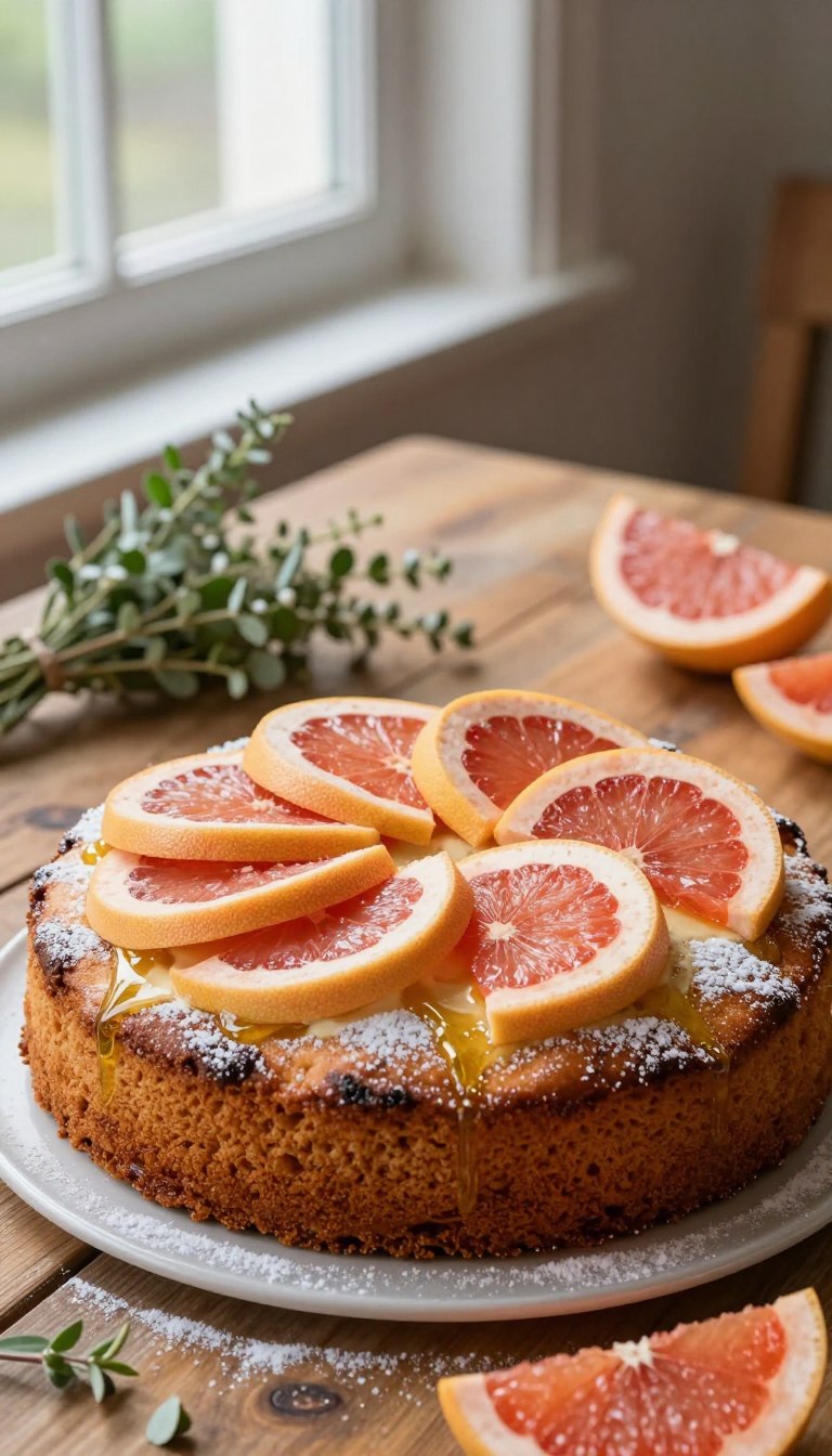 A beautifully arranged grapefruit olive oil cake sits prominently in the foreground, topped with fresh grapefruit slices and a light dusting of powdered sugar. The cake is golden brown with a moist texture, showcasing a slightly glossy surface from the olive oil. In the middle of the frame, a rustic wooden table adds warmth, adorned with a small bouquet of fresh herbs for a touch of greenery. The background features soft, diffused natural light filtering through a nearby window, creating a cozy atmosphere. A shallow depth of field blurs the background slightly, emphasizing the cake's intricate details. The overall mood is inviting and homely, perfect for a delightful culinary treat.