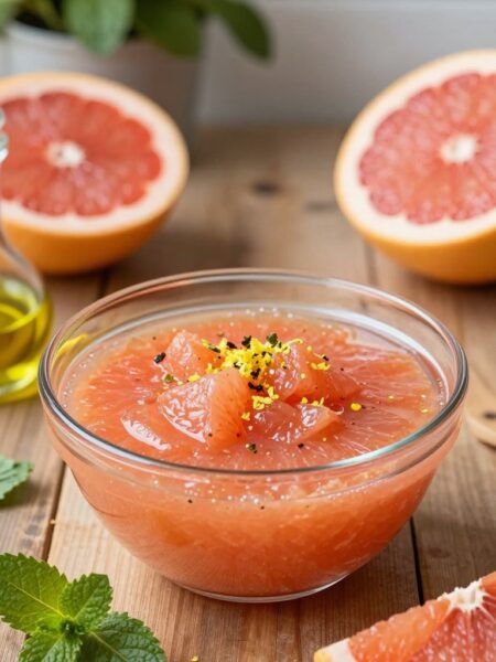 A beautifully arranged grapefruit vinaigrette in an elegant glass bowl sits prominently in the foreground, showcasing its vibrant pink-orange hue with glimmers of fresh grapefruit zest sprinkled on top. The vinaigrette glistens under soft, natural lighting, highlighting its smooth texture. Surrounding the bowl, fresh ingredients like halved grapefruits, a sprig of mint, and olive oil are artfully placed, adding depth to the composition. In the background, a rustic wooden table enhances the warm and inviting atmosphere, complemented by a subtle out-of-focus herb garden or kitchen setting, providing context without distraction. The scene is captured from a slightly elevated angle to accentuate the vivid colors and inviting freshness of the vinaigrette, evoking a sense of culinary delight.