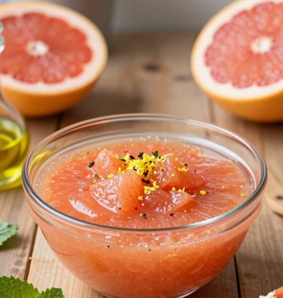 A beautifully arranged grapefruit vinaigrette in an elegant glass bowl sits prominently in the foreground, showcasing its vibrant pink-orange hue with glimmers of fresh grapefruit zest sprinkled on top. The vinaigrette glistens under soft, natural lighting, highlighting its smooth texture. Surrounding the bowl, fresh ingredients like halved grapefruits, a sprig of mint, and olive oil are artfully placed, adding depth to the composition. In the background, a rustic wooden table enhances the warm and inviting atmosphere, complemented by a subtle out-of-focus herb garden or kitchen setting, providing context without distraction. The scene is captured from a slightly elevated angle to accentuate the vivid colors and inviting freshness of the vinaigrette, evoking a sense of culinary delight.