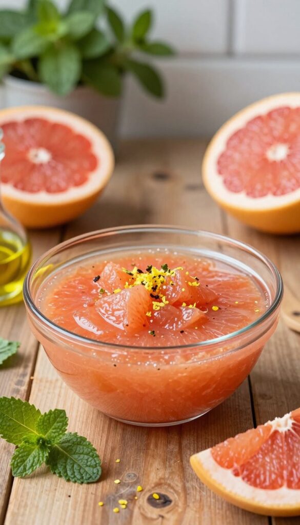 A beautifully arranged grapefruit vinaigrette in an elegant glass bowl sits prominently in the foreground, showcasing its vibrant pink-orange hue with glimmers of fresh grapefruit zest sprinkled on top. The vinaigrette glistens under soft, natural lighting, highlighting its smooth texture. Surrounding the bowl, fresh ingredients like halved grapefruits, a sprig of mint, and olive oil are artfully placed, adding depth to the composition. In the background, a rustic wooden table enhances the warm and inviting atmosphere, complemented by a subtle out-of-focus herb garden or kitchen setting, providing context without distraction. The scene is captured from a slightly elevated angle to accentuate the vivid colors and inviting freshness of the vinaigrette, evoking a sense of culinary delight.