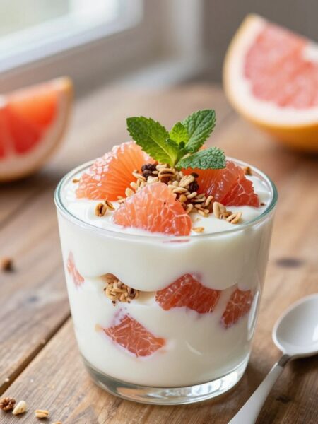 A beautifully arranged grapefruit yogurt parfait sits at the forefront, showcasing layers of creamy, smooth yogurt interspersed with vibrant pink and orange grapefruit segments. The parfait is garnished with a sprinkle of granola and fresh mint leaves, adding texture and a pop of green. In the middle ground, a rustic wooden table acts as a natural surface, while in the background, soft, diffused natural light filters through a window, casting gentle shadows and illuminating the parfait’s glossy yogurt. A delicate ceramic spoon rests next to the parfait, inviting the viewer to taste. The scene exudes a fresh, healthy, and inviting atmosphere, perfect for a morning or brunch setting. The focus is tight on the parfait, with a shallow depth of field to highlight the intricate layers and freshness of the ingredients.