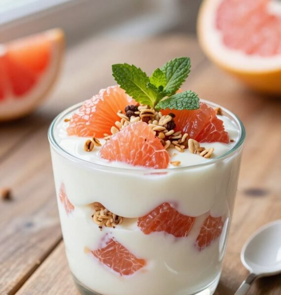 A beautifully arranged grapefruit yogurt parfait sits at the forefront, showcasing layers of creamy, smooth yogurt interspersed with vibrant pink and orange grapefruit segments. The parfait is garnished with a sprinkle of granola and fresh mint leaves, adding texture and a pop of green. In the middle ground, a rustic wooden table acts as a natural surface, while in the background, soft, diffused natural light filters through a window, casting gentle shadows and illuminating the parfait’s glossy yogurt. A delicate ceramic spoon rests next to the parfait, inviting the viewer to taste. The scene exudes a fresh, healthy, and inviting atmosphere, perfect for a morning or brunch setting. The focus is tight on the parfait, with a shallow depth of field to highlight the intricate layers and freshness of the ingredients.