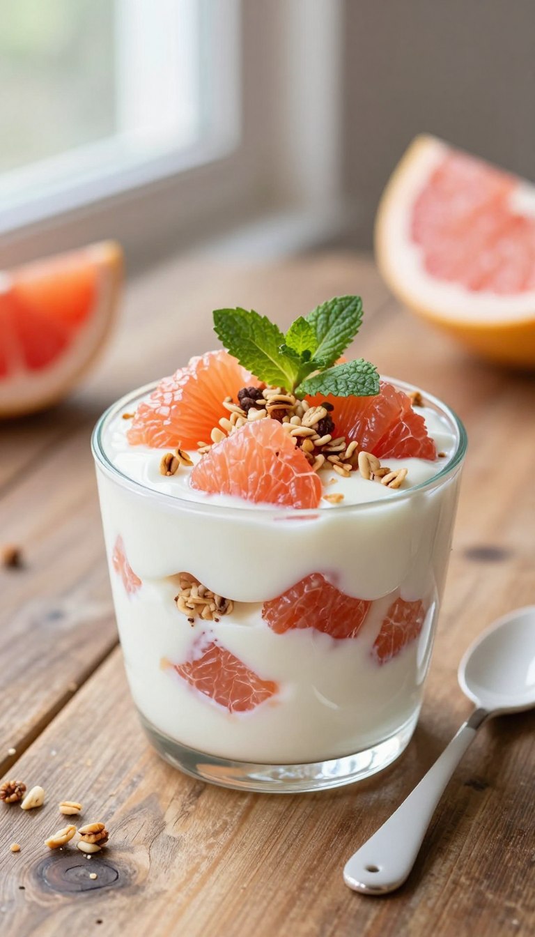 A beautifully arranged grapefruit yogurt parfait sits at the forefront, showcasing layers of creamy, smooth yogurt interspersed with vibrant pink and orange grapefruit segments. The parfait is garnished with a sprinkle of granola and fresh mint leaves, adding texture and a pop of green. In the middle ground, a rustic wooden table acts as a natural surface, while in the background, soft, diffused natural light filters through a window, casting gentle shadows and illuminating the parfait’s glossy yogurt. A delicate ceramic spoon rests next to the parfait, inviting the viewer to taste. The scene exudes a fresh, healthy, and inviting atmosphere, perfect for a morning or brunch setting. The focus is tight on the parfait, with a shallow depth of field to highlight the intricate layers and freshness of the ingredients.