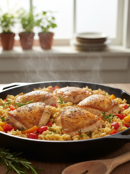 A beautifully arranged one-pan chicken orzo dish, featuring tender, seasoned chicken thighs resting atop a bed of perfectly cooked orzo pasta, mixed with vibrant bell peppers, diced tomatoes, and fragrant herbs. In the foreground, capture the rich textures and golden hues of the chicken and the glistening orzo, with subtle steam rising to suggest warmth. In the middle ground, include a rustic wooden spoon resting beside the pan, hinting at a home-cooked meal. In the background, softly blurred, showcase a cozy kitchen setting with warm, natural light streaming in from a nearby window, creating an inviting atmosphere. The image should evoke feelings of comfort and culinary delight, perfect for a heartwarming meal.