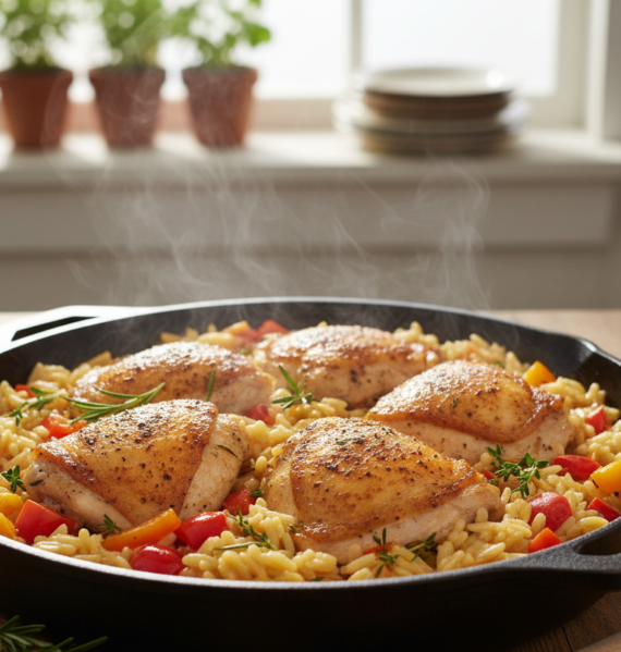 A beautifully arranged one-pan chicken orzo dish, featuring tender, seasoned chicken thighs resting atop a bed of perfectly cooked orzo pasta, mixed with vibrant bell peppers, diced tomatoes, and fragrant herbs. In the foreground, capture the rich textures and golden hues of the chicken and the glistening orzo, with subtle steam rising to suggest warmth. In the middle ground, include a rustic wooden spoon resting beside the pan, hinting at a home-cooked meal. In the background, softly blurred, showcase a cozy kitchen setting with warm, natural light streaming in from a nearby window, creating an inviting atmosphere. The image should evoke feelings of comfort and culinary delight, perfect for a heartwarming meal.
