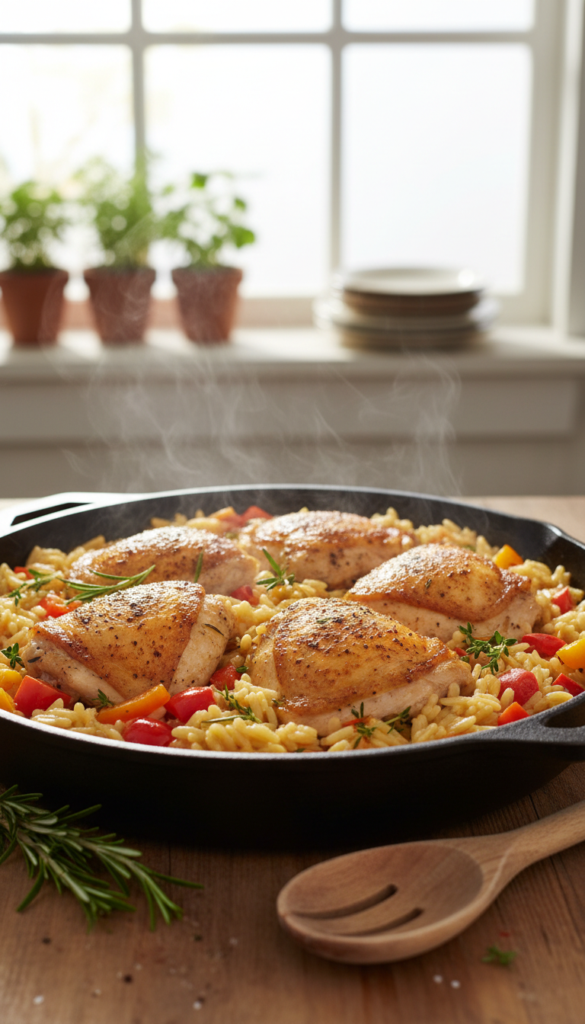 A beautifully arranged one-pan chicken orzo dish, featuring tender, seasoned chicken thighs resting atop a bed of perfectly cooked orzo pasta, mixed with vibrant bell peppers, diced tomatoes, and fragrant herbs. In the foreground, capture the rich textures and golden hues of the chicken and the glistening orzo, with subtle steam rising to suggest warmth. In the middle ground, include a rustic wooden spoon resting beside the pan, hinting at a home-cooked meal. In the background, softly blurred, showcase a cozy kitchen setting with warm, natural light streaming in from a nearby window, creating an inviting atmosphere. The image should evoke feelings of comfort and culinary delight, perfect for a heartwarming meal.