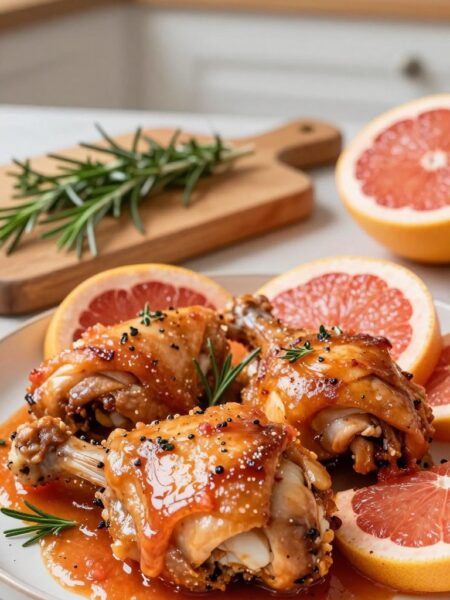 A beautifully arranged plate featuring succulent chicken thighs marinating in a vibrant grapefruit sauce. The foreground highlights the dish, showcasing the glossy marinated chicken glistening under soft, natural light, capturing the juicy textures. Surrounding the chicken are fresh grapefruit halves, their bright pink and yellow flesh contrasting against the rich brown of the chicken. In the middle ground, a rustic wooden cutting board displays scattered herbs like rosemary and thyme, enhancing the visual appeal. In the background, a blurred kitchen setting with soft, warm light creates an inviting atmosphere, evoking a sense of home cooking and culinary joy. The composition should exude freshness and flavor, making the viewer crave the dish.
