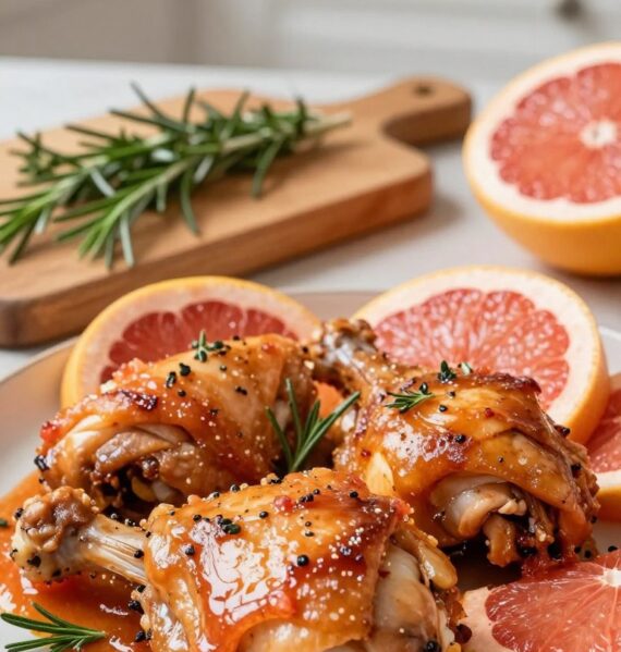A beautifully arranged plate featuring succulent chicken thighs marinating in a vibrant grapefruit sauce. The foreground highlights the dish, showcasing the glossy marinated chicken glistening under soft, natural light, capturing the juicy textures. Surrounding the chicken are fresh grapefruit halves, their bright pink and yellow flesh contrasting against the rich brown of the chicken. In the middle ground, a rustic wooden cutting board displays scattered herbs like rosemary and thyme, enhancing the visual appeal. In the background, a blurred kitchen setting with soft, warm light creates an inviting atmosphere, evoking a sense of home cooking and culinary joy. The composition should exude freshness and flavor, making the viewer crave the dish.