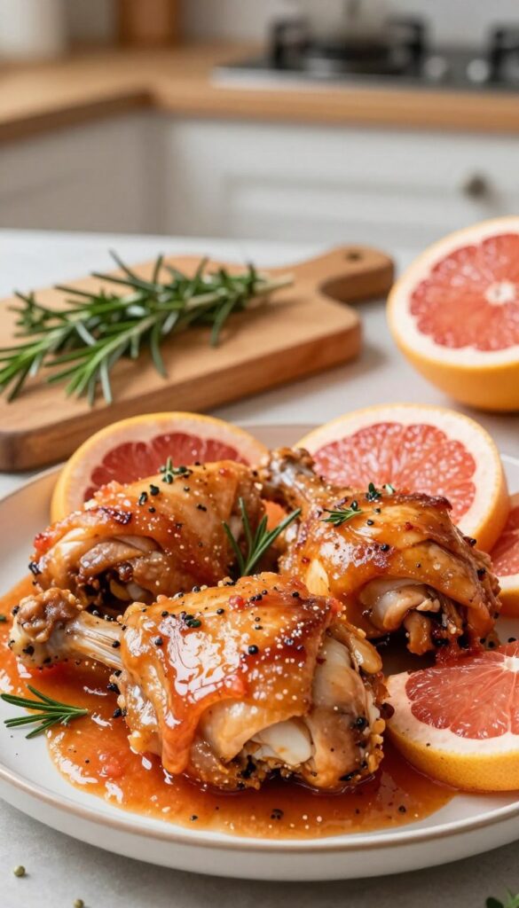 A beautifully arranged plate featuring succulent chicken thighs marinating in a vibrant grapefruit sauce. The foreground highlights the dish, showcasing the glossy marinated chicken glistening under soft, natural light, capturing the juicy textures. Surrounding the chicken are fresh grapefruit halves, their bright pink and yellow flesh contrasting against the rich brown of the chicken. In the middle ground, a rustic wooden cutting board displays scattered herbs like rosemary and thyme, enhancing the visual appeal. In the background, a blurred kitchen setting with soft, warm light creates an inviting atmosphere, evoking a sense of home cooking and culinary joy. The composition should exude freshness and flavor, making the viewer crave the dish.
