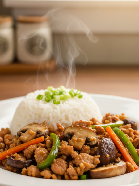 A beautifully arranged plate of Garlic Ground Pork Sausage Mushroom Stir Fry, showcasing vibrant colors and enticing textures. In the foreground, juicy, golden-brown ground pork sausage pieces glisten with garlic-infused oil, nestled among perfectly sautéed shiitake and button mushrooms. Bright green bell pepper strips and thinly sliced carrots add a burst of color. The middle ground features a swirling bed of steaming jasmine rice, lightly garnished with chopped green onions for added freshness. In the background, a softly blurred kitchen setting hints at a cozy, home-cooking atmosphere, illuminated by warm, ambient lighting that enhances the dish's appetizing appeal. The scene captures the essence of a quick and tasty meal, inviting and delightful.