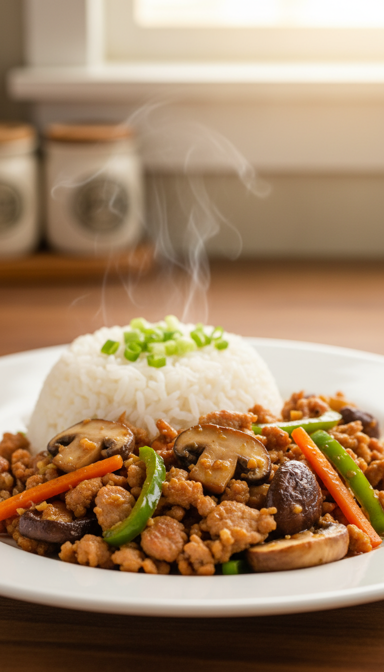 A beautifully arranged plate of Garlic Ground Pork Sausage Mushroom Stir Fry, showcasing vibrant colors and enticing textures. In the foreground, juicy, golden-brown ground pork sausage pieces glisten with garlic-infused oil, nestled among perfectly sautéed shiitake and button mushrooms. Bright green bell pepper strips and thinly sliced carrots add a burst of color. The middle ground features a swirling bed of steaming jasmine rice, lightly garnished with chopped green onions for added freshness. In the background, a softly blurred kitchen setting hints at a cozy, home-cooking atmosphere, illuminated by warm, ambient lighting that enhances the dish's appetizing appeal. The scene captures the essence of a quick and tasty meal, inviting and delightful.
