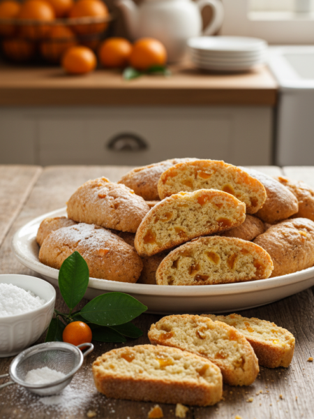 A beautifully arranged plate of candied orange peel biscotti, with a golden-brown exterior and chunks of vibrant orange peel embedded throughout. In the foreground, the biscotti are sliced, showcasing their crunchy texture and moist interior. Next to the plate, a small bowl of powdered sugar and a sprig of fresh orange leaves for garnish. In the middle ground, a warm, rustic wooden table enhances the inviting ambiance. The background features a softly lit kitchen setting, with blurred elements of orange fruit and culinary tools to create a homey atmosphere. Natural light streams through a nearby window, casting a gentle glow and highlighting the biscotti's glossy glaze. The overall mood is cozy and inviting, perfect for a delightful treat enjoyed with a cup of coffee or tea.