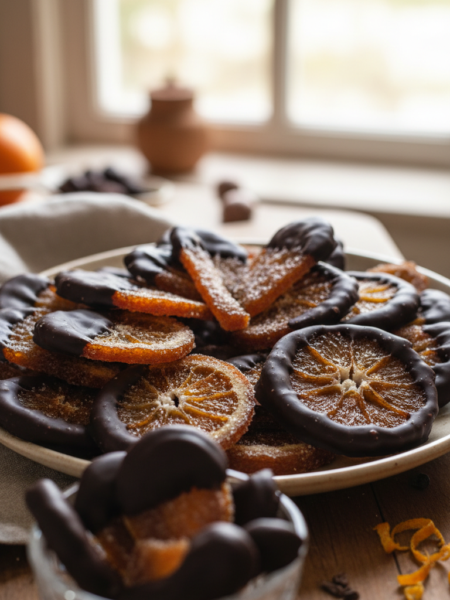 A beautifully arranged plate of chocolate-dipped candied orange peel, glistening with a rich, dark chocolate coating. The foreground features several pieces of candied orange peel, showcasing their textured surface and vibrant orange color contrasting beautifully with the glossy chocolate. The middle ground includes a small, elegant crystal dish filled with additional pieces, some partially dipped in chocolate, revealing the candied orange's bright hue. In the background, a softly blurred kitchen setting bathed in warm, natural light creates a cozy atmosphere, evoking a sense of homemade luxury. The scene is shot from a slightly elevated angle, emphasizing the delectable details and inviting viewers to indulge in this sweet treat.