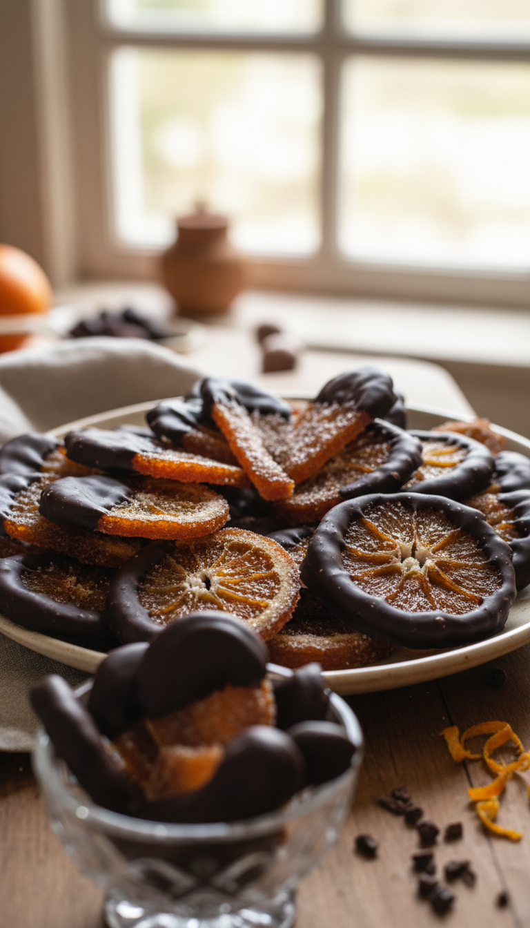 A beautifully arranged plate of chocolate-dipped candied orange peel, glistening with a rich, dark chocolate coating. The foreground features several pieces of candied orange peel, showcasing their textured surface and vibrant orange color contrasting beautifully with the glossy chocolate. The middle ground includes a small, elegant crystal dish filled with additional pieces, some partially dipped in chocolate, revealing the candied orange's bright hue. In the background, a softly blurred kitchen setting bathed in warm, natural light creates a cozy atmosphere, evoking a sense of homemade luxury. The scene is shot from a slightly elevated angle, emphasizing the delectable details and inviting viewers to indulge in this sweet treat.