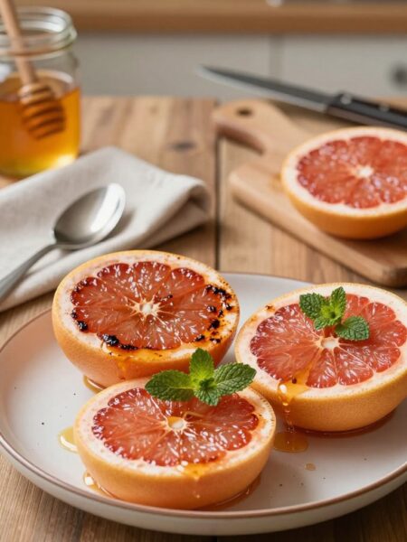 A beautifully arranged plate of honey broiled grapefruit, glistening under warm, soft lighting that highlights the caramelized edges. In the foreground, two halves of a ruby-red grapefruit are topped with a drizzle of golden honey and a sprinkle of mint leaves for garnish. The middle ground features a rustic wooden table, adorned with a simple, elegant cloth napkin and a small spoon beside the grapefruit. In the background, a blurred kitchen scene with hints of fresh ingredients like honey jars, a knife, and a small cutting board, creating an inviting atmosphere. Use a shallow depth of field to focus on the grapefruit while giving a warm, cozy ambiance, inviting viewers to envision enjoying this delightful dessert.