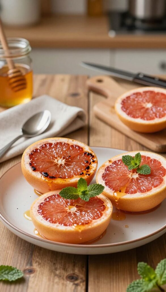 A beautifully arranged plate of honey broiled grapefruit, glistening under warm, soft lighting that highlights the caramelized edges. In the foreground, two halves of a ruby-red grapefruit are topped with a drizzle of golden honey and a sprinkle of mint leaves for garnish. The middle ground features a rustic wooden table, adorned with a simple, elegant cloth napkin and a small spoon beside the grapefruit. In the background, a blurred kitchen scene with hints of fresh ingredients like honey jars, a knife, and a small cutting board, creating an inviting atmosphere. Use a shallow depth of field to focus on the grapefruit while giving a warm, cozy ambiance, inviting viewers to envision enjoying this delightful dessert.