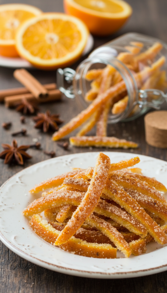 A beautifully arranged plate of spiced candied orange peel, showcasing vibrant, glistening strips coated in a dusting of sugar, highlighted with warm tones of cinnamon and clove. In the foreground, the orange peels are artfully piled, catching the soft, natural light to enhance their glossy texture. The middle ground features a delicate glass jar filled with additional spiced orange peel, partially open, suggesting freshness and inviting curiosity. In the background, subtle hints of cinnamon sticks and whole cloves are creatively arranged, adding depth and context without overwhelming the composition. The overall mood is warm and inviting, perfect for a cozy kitchen atmosphere. The image is captured with a shallow depth of field, focusing on the orange peel, while the background blurs gently to emphasize the subject.