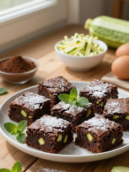 A beautifully arranged platter of decadent zucchini brownies, showcasing the rich, moist texture and vibrant green flecks of hidden zucchini. The brownies are topped with a light dusting of powdered sugar and surrounded by fresh mint leaves for a pop of color. In the background, a rustic wooden kitchen table is adorned with baking ingredients such as cocoa powder, a bowl of shredded zucchini, and eggs, creating a warm, inviting atmosphere. Soft natural light filters in from a nearby window, casting gentle shadows and highlighting the rich browns and greens of the desserts. The image captures a cozy, homemade vibe, perfect for enticing readers with the delicious uniqueness of zucchini brownies, inviting them to explore this innovative dessert option.
