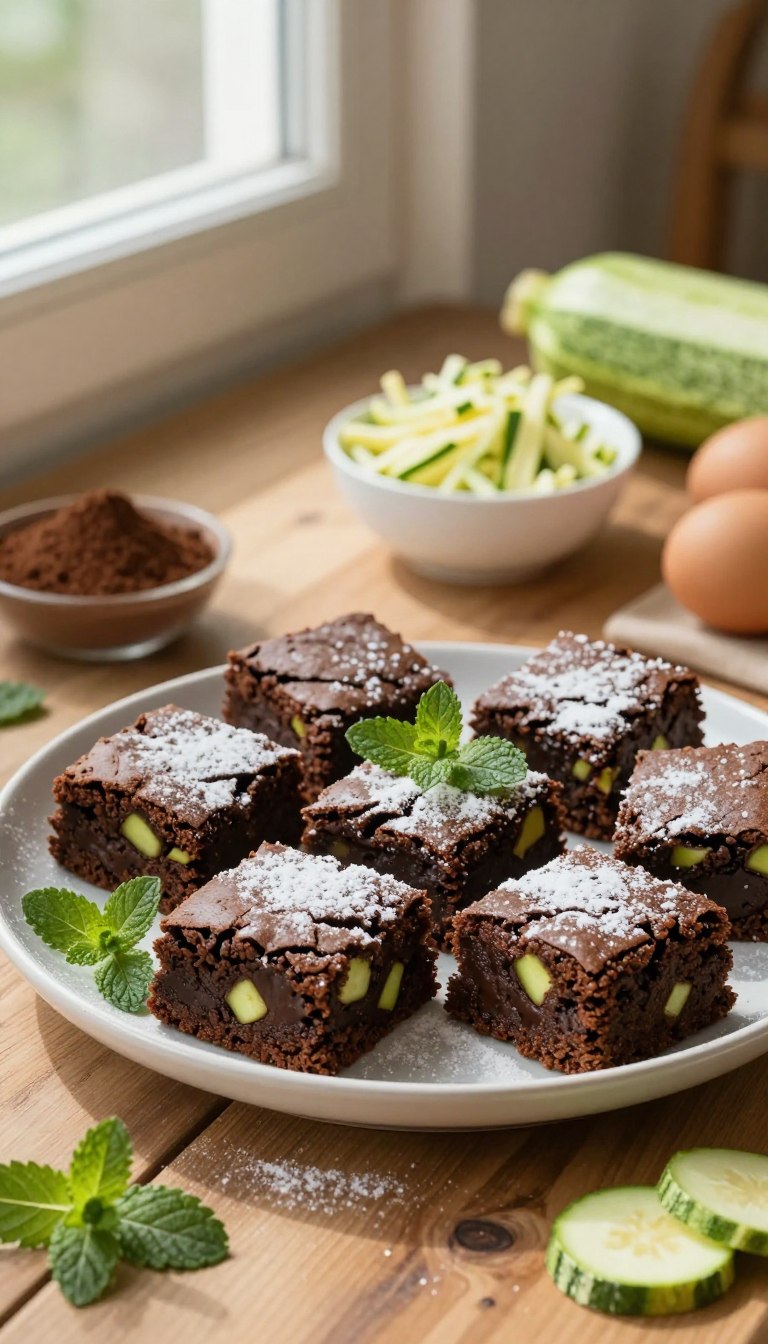 A beautifully arranged platter of decadent zucchini brownies, showcasing the rich, moist texture and vibrant green flecks of hidden zucchini. The brownies are topped with a light dusting of powdered sugar and surrounded by fresh mint leaves for a pop of color. In the background, a rustic wooden kitchen table is adorned with baking ingredients such as cocoa powder, a bowl of shredded zucchini, and eggs, creating a warm, inviting atmosphere. Soft natural light filters in from a nearby window, casting gentle shadows and highlighting the rich browns and greens of the desserts. The image captures a cozy, homemade vibe, perfect for enticing readers with the delicious uniqueness of zucchini brownies, inviting them to explore this innovative dessert option.