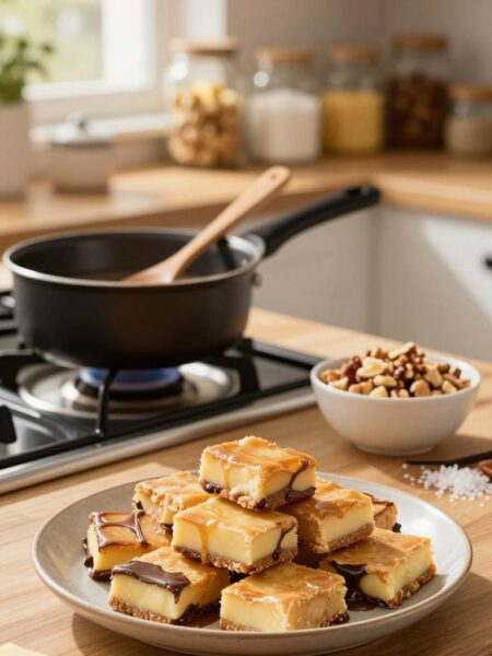 A beautifully arranged scene showcasing homemade butter toffee being made in a cozy kitchen. In the foreground, a wooden countertop is adorned with a plate of finished golden-brown butter toffees, glistening with a light sheen of melted chocolate. Beside it, a small saucepan on a stovetop, with a wooden spoon resting inside, is still warm, hinting at the process just completed. The middle ground features a bowl of crushed nuts and a sprinkle of sea salt, adding texture and flavor highlights. The background shows softly blurred kitchen shelves filled with jars of ingredients like sugar, butter, and vanilla extract, bathed in warm, inviting sunlight filtering through a window, creating a comfortable and cheerful atmosphere perfect for homemade candy making.