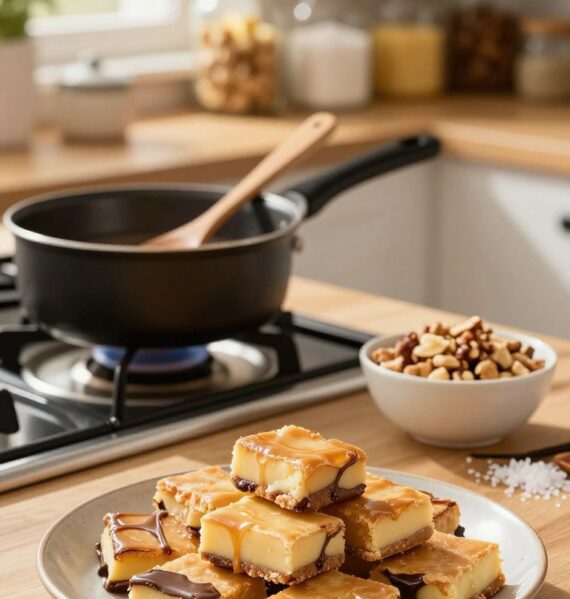 A beautifully arranged scene showcasing homemade butter toffee being made in a cozy kitchen. In the foreground, a wooden countertop is adorned with a plate of finished golden-brown butter toffees, glistening with a light sheen of melted chocolate. Beside it, a small saucepan on a stovetop, with a wooden spoon resting inside, is still warm, hinting at the process just completed. The middle ground features a bowl of crushed nuts and a sprinkle of sea salt, adding texture and flavor highlights. The background shows softly blurred kitchen shelves filled with jars of ingredients like sugar, butter, and vanilla extract, bathed in warm, inviting sunlight filtering through a window, creating a comfortable and cheerful atmosphere perfect for homemade candy making.