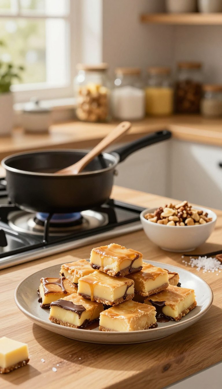 A beautifully arranged scene showcasing homemade butter toffee being made in a cozy kitchen. In the foreground, a wooden countertop is adorned with a plate of finished golden-brown butter toffees, glistening with a light sheen of melted chocolate. Beside it, a small saucepan on a stovetop, with a wooden spoon resting inside, is still warm, hinting at the process just completed. The middle ground features a bowl of crushed nuts and a sprinkle of sea salt, adding texture and flavor highlights. The background shows softly blurred kitchen shelves filled with jars of ingredients like sugar, butter, and vanilla extract, bathed in warm, inviting sunlight filtering through a window, creating a comfortable and cheerful atmosphere perfect for homemade candy making.