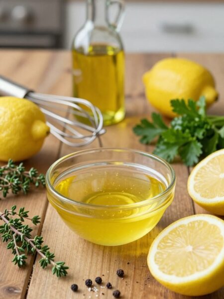 A beautifully arranged selection of fresh ingredients for lemon vinaigrette on a rustic wooden table. The foreground features a small glass bowl filled with golden-yellow lemon vinaigrette, glistening under soft natural light. Surrounding the bowl, vibrant ingredients such as sliced lemons, fresh herbs like thyme and parsley, and a sprinkle of black pepper are artistically displayed. In the middle ground, a small whisk rests next to an olive oil bottle and a measuring spoon, hinting at the preparation process. The background is softly blurred, showcasing a hint of a kitchen setting with warm wooden tones, evoking a cozy and inviting atmosphere. The overall mood is fresh, light, and appetizing, perfect for showcasing culinary creativity in a seasonal context.