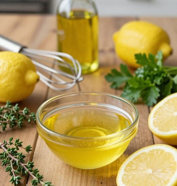 A beautifully arranged selection of fresh ingredients for lemon vinaigrette on a rustic wooden table. The foreground features a small glass bowl filled with golden-yellow lemon vinaigrette, glistening under soft natural light. Surrounding the bowl, vibrant ingredients such as sliced lemons, fresh herbs like thyme and parsley, and a sprinkle of black pepper are artistically displayed. In the middle ground, a small whisk rests next to an olive oil bottle and a measuring spoon, hinting at the preparation process. The background is softly blurred, showcasing a hint of a kitchen setting with warm wooden tones, evoking a cozy and inviting atmosphere. The overall mood is fresh, light, and appetizing, perfect for showcasing culinary creativity in a seasonal context.