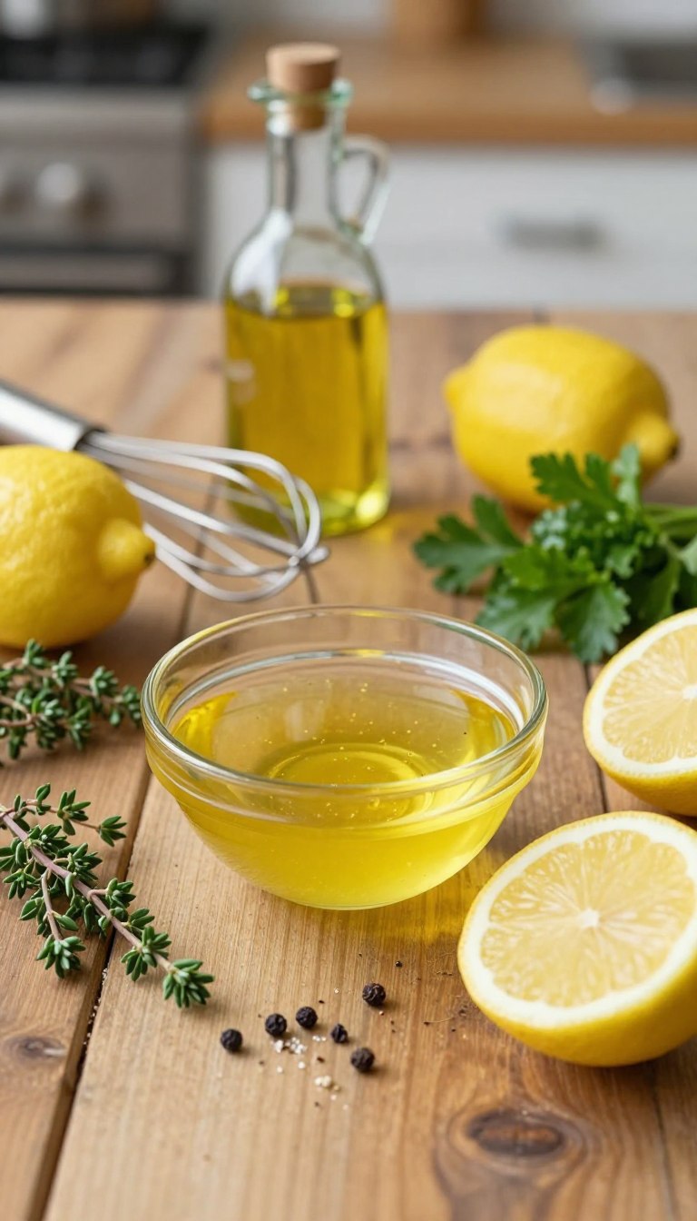 A beautifully arranged selection of fresh ingredients for lemon vinaigrette on a rustic wooden table. The foreground features a small glass bowl filled with golden-yellow lemon vinaigrette, glistening under soft natural light. Surrounding the bowl, vibrant ingredients such as sliced lemons, fresh herbs like thyme and parsley, and a sprinkle of black pepper are artistically displayed. In the middle ground, a small whisk rests next to an olive oil bottle and a measuring spoon, hinting at the preparation process. The background is softly blurred, showcasing a hint of a kitchen setting with warm wooden tones, evoking a cozy and inviting atmosphere. The overall mood is fresh, light, and appetizing, perfect for showcasing culinary creativity in a seasonal context.