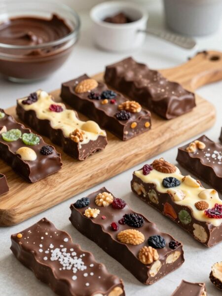 A beautifully arranged selection of homemade chocolate treats, featuring various colorful chocolate bark variations. In the foreground, display pieces of chocolate bark topped with nuts, dried fruits, and a sprinkle of sea salt, showcasing different textures and colors. The middle ground includes a rustic wooden cutting board with a few broken pieces of chocolate bark scattered artfully around, creating a sense of abundance. In the background, softly blurred kitchen elements like a bowl of melted chocolate, measuring cups, and a hint of greenery from a potted herb plant, enhance the cozy, inviting atmosphere. Use warm, natural lighting to evoke a homey feel, and shoot at a slight angle to add depth and dimension to the composition.
