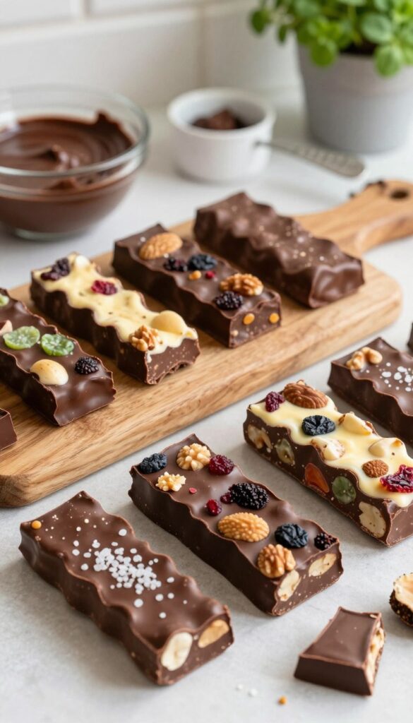 A beautifully arranged selection of homemade chocolate treats, featuring various colorful chocolate bark variations. In the foreground, display pieces of chocolate bark topped with nuts, dried fruits, and a sprinkle of sea salt, showcasing different textures and colors. The middle ground includes a rustic wooden cutting board with a few broken pieces of chocolate bark scattered artfully around, creating a sense of abundance. In the background, softly blurred kitchen elements like a bowl of melted chocolate, measuring cups, and a hint of greenery from a potted herb plant, enhance the cozy, inviting atmosphere. Use warm, natural lighting to evoke a homey feel, and shoot at a slight angle to add depth and dimension to the composition.