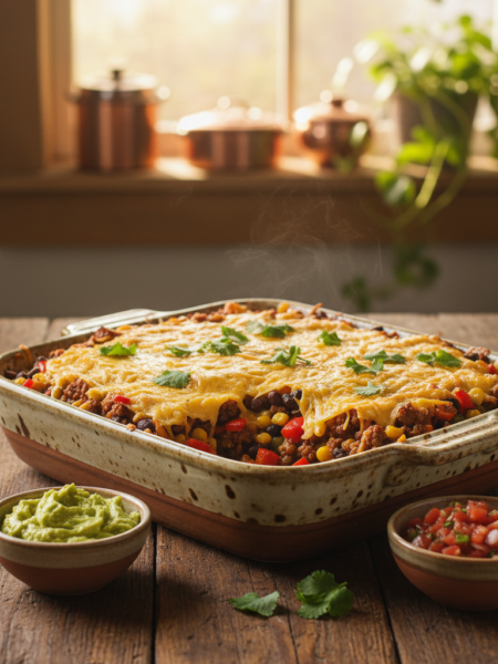 A beautifully arranged taco casserole with rice, set in a rustic ceramic dish. The foreground features layers of seasoned ground beef, black beans, corn, and colorful bell peppers, topped with melted cheese and fresh cilantro. The dish is served on a wooden table, with a side of guacamole and salsa in small bowls. In the middle, the vibrant colors of the casserole's ingredients create a warm, inviting contrast against the earthy tones of the table. The background includes a softly blurred kitchen setting, with warm, natural lighting cascading through a nearby window, enhancing the inviting atmosphere. Shot from a slightly elevated angle, the focus is sharp on the casserole, while the warm glow evokes a cozy, home-cooked feel.