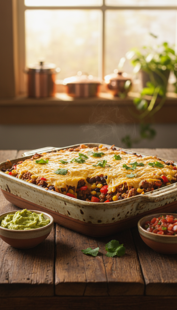 A beautifully arranged taco casserole with rice, set in a rustic ceramic dish. The foreground features layers of seasoned ground beef, black beans, corn, and colorful bell peppers, topped with melted cheese and fresh cilantro. The dish is served on a wooden table, with a side of guacamole and salsa in small bowls. In the middle, the vibrant colors of the casserole's ingredients create a warm, inviting contrast against the earthy tones of the table. The background includes a softly blurred kitchen setting, with warm, natural lighting cascading through a nearby window, enhancing the inviting atmosphere. Shot from a slightly elevated angle, the focus is sharp on the casserole, while the warm glow evokes a cozy, home-cooked feel. A beautifully arranged taco casserole with rice, set in a rustic ceramic dish. The foreground features layers of seasoned ground beef, black beans, corn, and colorful bell peppers, topped with melted cheese and fresh cilantro. The dish is served on a wooden table, with a side of guacamole and salsa in small bowls. In the middle, the vibrant colors of the casserole's ingredients create a warm, inviting contrast against the earthy tones of the table. The background includes a softly blurred kitchen setting, with warm, natural lighting cascading through a nearby window, enhancing the inviting atmosphere. Shot from a slightly elevated angle, the focus is sharp on the casserole, while the warm glow evokes a cozy, home-cooked feel.