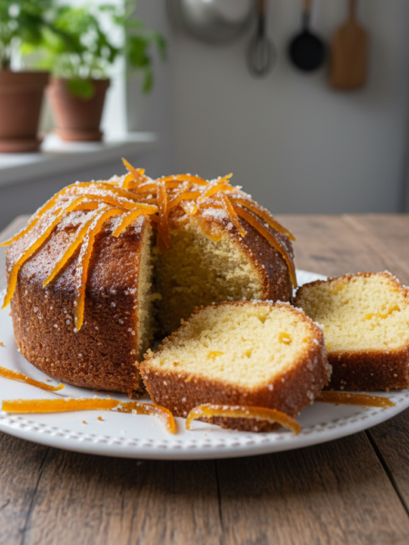 A beautifully baked candied orange peel pound cake sliced to display its moist, fluffy interior, adorned with glossy candied orange peels cascading over the top. The foreground features a rustic wooden table with the cake elegantly placed on a delicate white ceramic plate. In the middle, a vibrant orange and yellow color palette highlights the cake, while soft, natural light creates a warm and inviting atmosphere, enhancing the golden hues of the citrus. In the background, blurred greenery and soft-focus kitchen elements add a sense of homeliness. Shot with a 50mm lens from a slight angle, capturing the cake’s texture and detail vividly, evoking feelings of comfort and indulgence, perfect for a delightful treat.