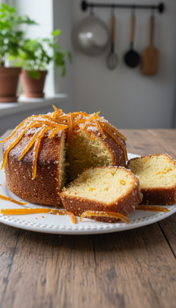 A beautifully baked candied orange peel pound cake sliced to display its moist, fluffy interior, adorned with glossy candied orange peels cascading over the top. The foreground features a rustic wooden table with the cake elegantly placed on a delicate white ceramic plate. In the middle, a vibrant orange and yellow color palette highlights the cake, while soft, natural light creates a warm and inviting atmosphere, enhancing the golden hues of the citrus. In the background, blurred greenery and soft-focus kitchen elements add a sense of homeliness. Shot with a 50mm lens from a slight angle, capturing the cake’s texture and detail vividly, evoking feelings of comfort and indulgence, perfect for a delightful treat.