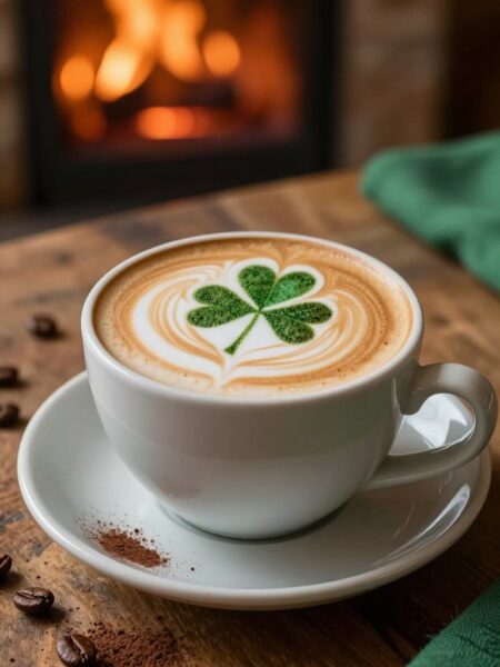 A beautifully crafted Irish cappuccino in a stylish ceramic cup, elegantly placed on a rustic wooden table. The frothy milk is artfully poured, creating intricate latte art with a shamrock design on top, capturing the essence of Ireland. Surrounding the cup, a sprinkle of cocoa powder and a few coffee beans add an inviting touch. In the background, a softly glowing hearth with a gentle fire creates a warm, cozy ambiance, complemented by subtle green decor reminiscent of the Irish landscape. The overall lighting is soft and warm, enhancing the inviting scene. Captured from a slightly elevated angle, this image radiates comfort and charm, perfect for showcasing the delightful essence of enjoying an Irish cappuccino.