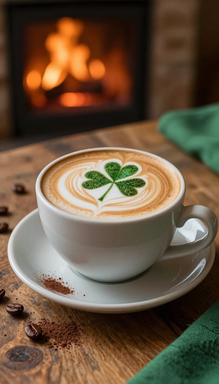 A beautifully crafted Irish cappuccino in a stylish ceramic cup, elegantly placed on a rustic wooden table. The frothy milk is artfully poured, creating intricate latte art with a shamrock design on top, capturing the essence of Ireland. Surrounding the cup, a sprinkle of cocoa powder and a few coffee beans add an inviting touch. In the background, a softly glowing hearth with a gentle fire creates a warm, cozy ambiance, complemented by subtle green decor reminiscent of the Irish landscape. The overall lighting is soft and warm, enhancing the inviting scene. Captured from a slightly elevated angle, this image radiates comfort and charm, perfect for showcasing the delightful essence of enjoying an Irish cappuccino.