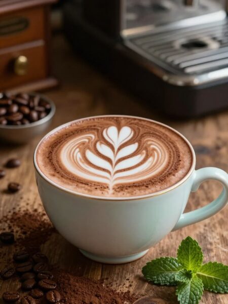 A beautifully crafted chocolate mint cappuccino served in an elegant porcelain cup, topped with a velvety layer of frothy milk art depicting a delicate leaf pattern. The cup is placed on a rustic wooden tabletop, surrounded by scattered cocoa powder and fresh mint leaves for added texture. Soft, warm lighting enhances the rich brown tones of the cappuccino, creating a cozy, inviting atmosphere. In the background, a blurred kitchen setting with hints of shiny coffee beans and a vintage espresso machine adds depth to the scene. The angle is slightly elevated, focusing on the details of the drink, while the overall mood is warm and indulgent, perfect for a relaxing coffee break.