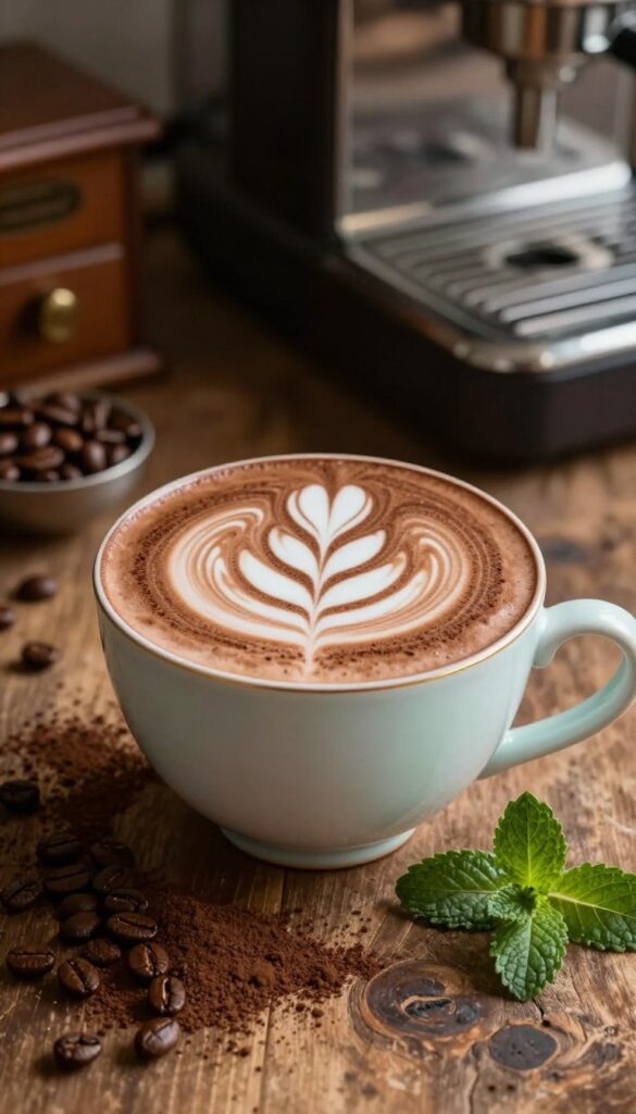 A beautifully crafted chocolate mint cappuccino served in an elegant porcelain cup, topped with a velvety layer of frothy milk art depicting a delicate leaf pattern. The cup is placed on a rustic wooden tabletop, surrounded by scattered cocoa powder and fresh mint leaves for added texture. Soft, warm lighting enhances the rich brown tones of the cappuccino, creating a cozy, inviting atmosphere. In the background, a blurred kitchen setting with hints of shiny coffee beans and a vintage espresso machine adds depth to the scene. The angle is slightly elevated, focusing on the details of the drink, while the overall mood is warm and indulgent, perfect for a relaxing coffee break.