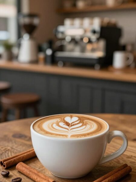 A beautifully crafted cinnamon cappuccino sits on a rustic wooden table in the foreground, frothy milk art swirling elegantly atop rich espresso, dusted with a sprinkle of cinnamon. Surrounding the cup, a few whole cinnamon sticks and scattered coffee beans add texture and warmth. In the middle ground, a soft-focus backdrop features a cozy café setting with warm, inviting lighting, casting a gentle glow over the scene. The background reveals blurred outlines of barista equipment and softly lit shelves filled with coffee mugs. The atmosphere is inviting and relaxed, perfect for a chilly autumn afternoon. The image is shot from a slightly elevated angle, creating depth and perspective, showcasing the cappuccino as the star of the scene.