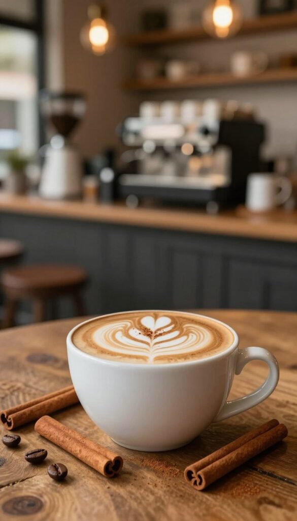 A beautifully crafted cinnamon cappuccino sits on a rustic wooden table in the foreground, frothy milk art swirling elegantly atop rich espresso, dusted with a sprinkle of cinnamon. Surrounding the cup, a few whole cinnamon sticks and scattered coffee beans add texture and warmth. In the middle ground, a soft-focus backdrop features a cozy café setting with warm, inviting lighting, casting a gentle glow over the scene. The background reveals blurred outlines of barista equipment and softly lit shelves filled with coffee mugs. The atmosphere is inviting and relaxed, perfect for a chilly autumn afternoon. The image is shot from a slightly elevated angle, creating depth and perspective, showcasing the cappuccino as the star of the scene.