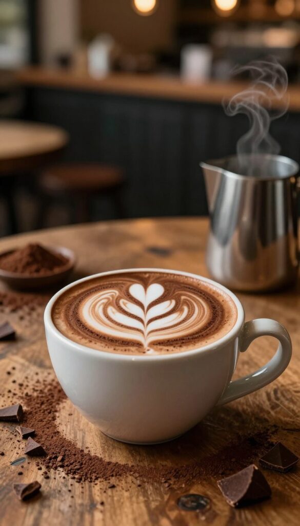 A beautifully crafted mocha cappuccino sits elegantly in a ceramic cup on a rustic wooden table. The cup is adorned with intricate latte art, showcasing a delicate heart design, created from velvety microfoam. Rich, dark chocolate syrup swirls through the creamy espresso, creating a luscious contrast against the frothy milk. The background features a softly blurred café ambiance, with warm, ambient lighting casting a cozy glow, enhancing the inviting atmosphere. A sprinkle of cocoa powder and chocolate shavings is artfully arranged around the cup, while a steaming silver milk frother rests nearby, hinting at the preparation process. This scene conveys warmth and indulgence, perfectly encapsulating the comfort of a mocha cappuccino.