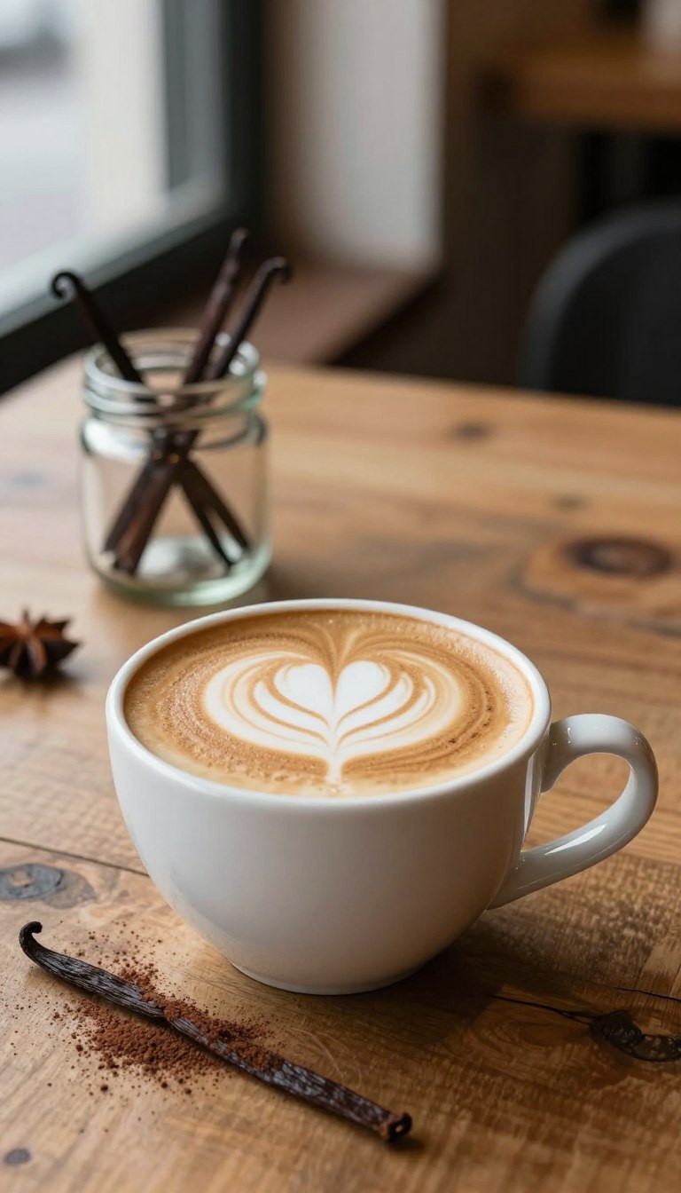 A beautifully crafted vanilla cappuccino sits on a rustic wooden table, with a delicate foam art heart on top. The cup is white ceramic with a smooth, glossy finish, showcasing the rich, aromatic coffee beneath the frothy surface. In the foreground, a sprinkle of cocoa powder adds a touch of elegance. The middle ground features a small glass jar filled with vanilla pods, emphasizing the vanilla flavor in the drink. Soft, natural lighting comes from a nearby window, casting gentle shadows that enhance the warmth of the scene. The background is softly blurred, hinting at a cozy café setting with earthy tones. The mood is inviting and serene, perfect for enjoying a moment of relaxation with this delightful beverage.