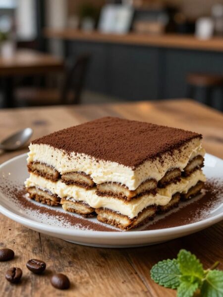 A beautifully plated classic tiramisu dessert sits on a rustic wooden table, the layers of espresso-soaked ladyfingers and creamy mascarpone are artfully arranged. The top is dusted with rich cocoa powder, showcasing a perfect contrast between dark and creamy tones. Surrounding the dish are a few whole coffee beans and a sprig of fresh mint, adding a touch of color and freshness. The background features a softly blurred café setting with warm, inviting lighting highlighting the dessert’s texture. The image is captured from a slightly elevated angle to emphasize the layers and details, evoking a cozy, indulgent atmosphere perfect for dessert lovers.