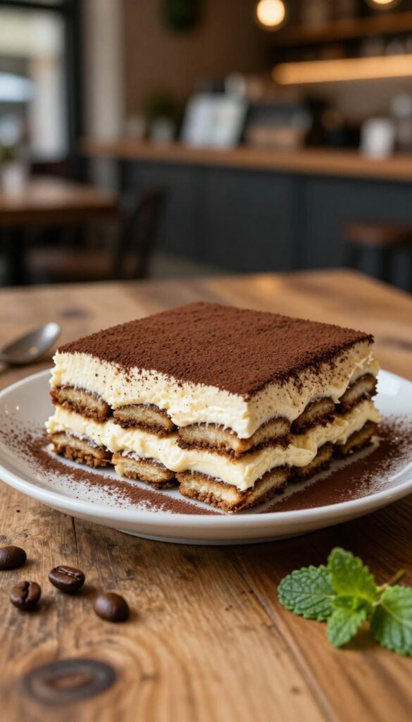 A beautifully plated classic tiramisu dessert sits on a rustic wooden table, the layers of espresso-soaked ladyfingers and creamy mascarpone are artfully arranged. The top is dusted with rich cocoa powder, showcasing a perfect contrast between dark and creamy tones. Surrounding the dish are a few whole coffee beans and a sprig of fresh mint, adding a touch of color and freshness. The background features a softly blurred café setting with warm, inviting lighting highlighting the dessert’s texture. The image is captured from a slightly elevated angle to emphasize the layers and details, evoking a cozy, indulgent atmosphere perfect for dessert lovers.